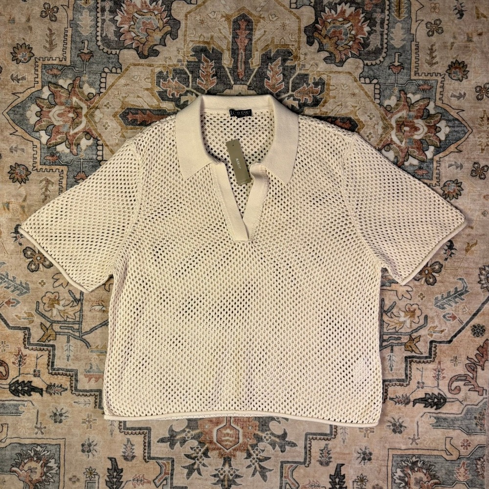 J. Crew Womens Open-Knit Crochet Polo Sweater Natural Ivory Cotton 2X NEW India